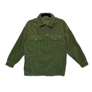 Zara Corduroy Oversized Button Front Shacket Jacket Women's Sz XS Green Cotton